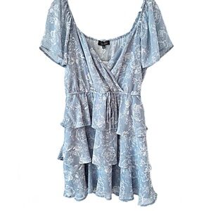 Trixxie Floral Print Flutter-Sleeve Tiered B-Neck Mini Dress Blue and White Sz L